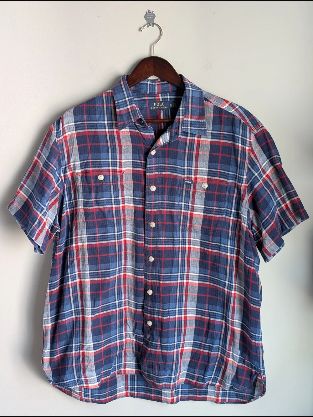 Polo Ralph Lauren Shirt Men XL Short Sleeve Plaid Flannel Button Up Blue Red